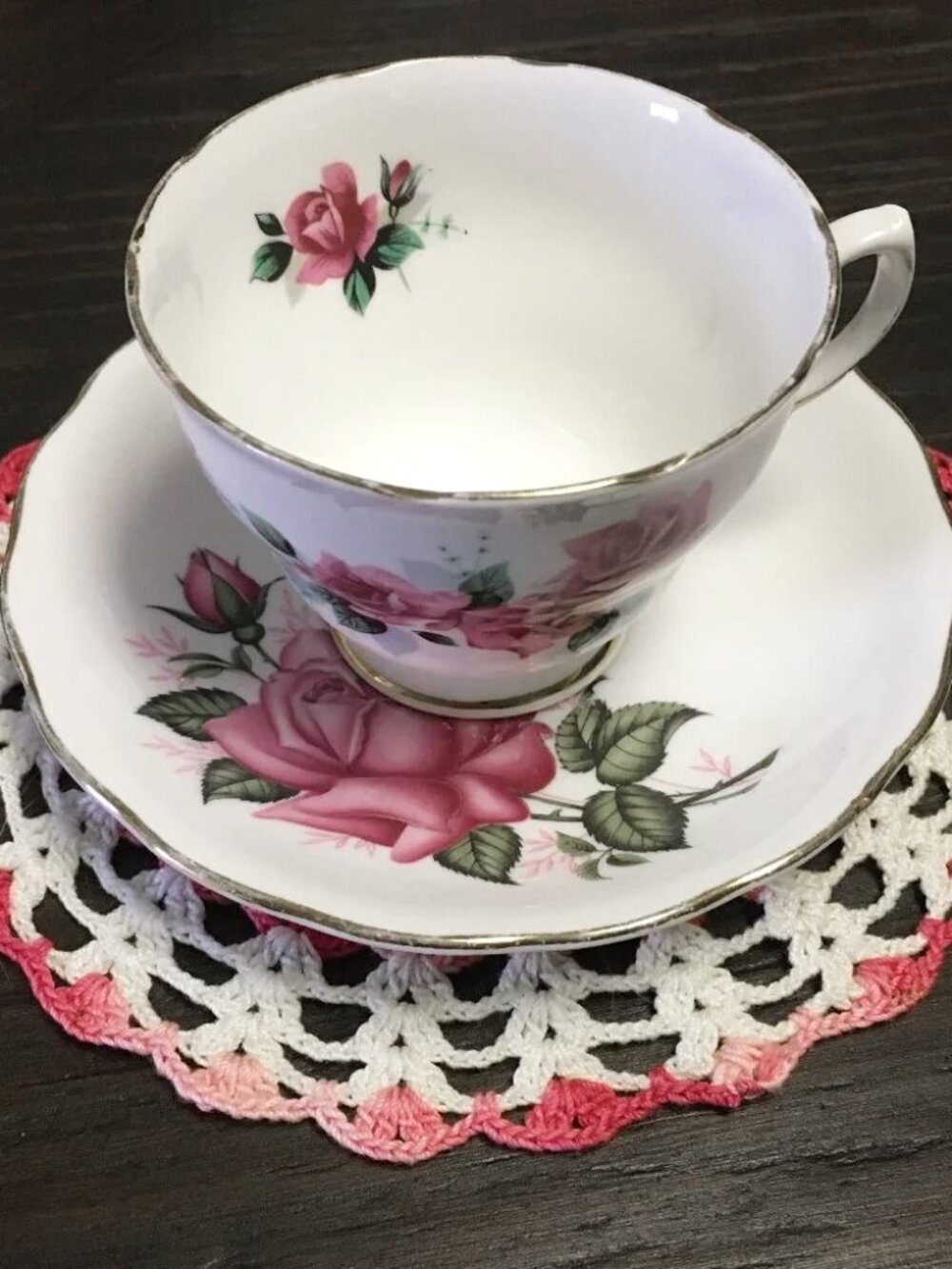 Colclough England Bone China Pink Rose Teacup Saucer Set Gold Trim